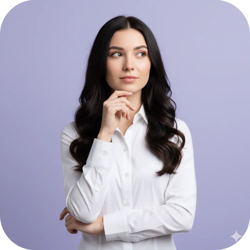 Illustration of a girl thinking, representing curiosity and questions for Abdul Kais FAQ page.